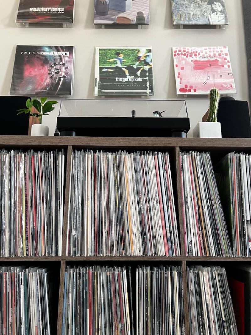 Favorite six LP albums hung above Audio Technica turntable.