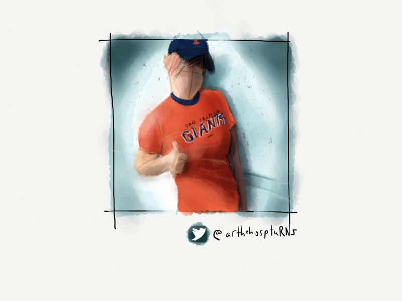 Digital watercolor and pencil portrait of a woman with short blonde and pink hair, wearing a blue baseball hat, orange Giants ringer t-shirt, and giving the thumbs up. Face has been drawn intentionally blank.
