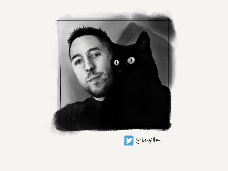 Black and white digital watercolor and pencil portrait of a short haired man with stubble looking at the viewer as he holds his black cat with large bright eyes.