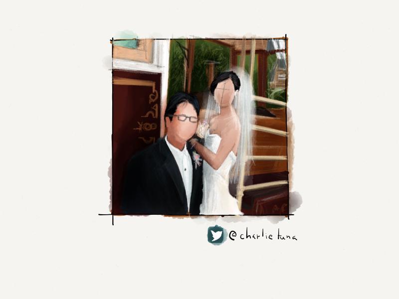 Digital watercolor and pencil portrait of a faceless bride and groom posing in front of a trolley car.