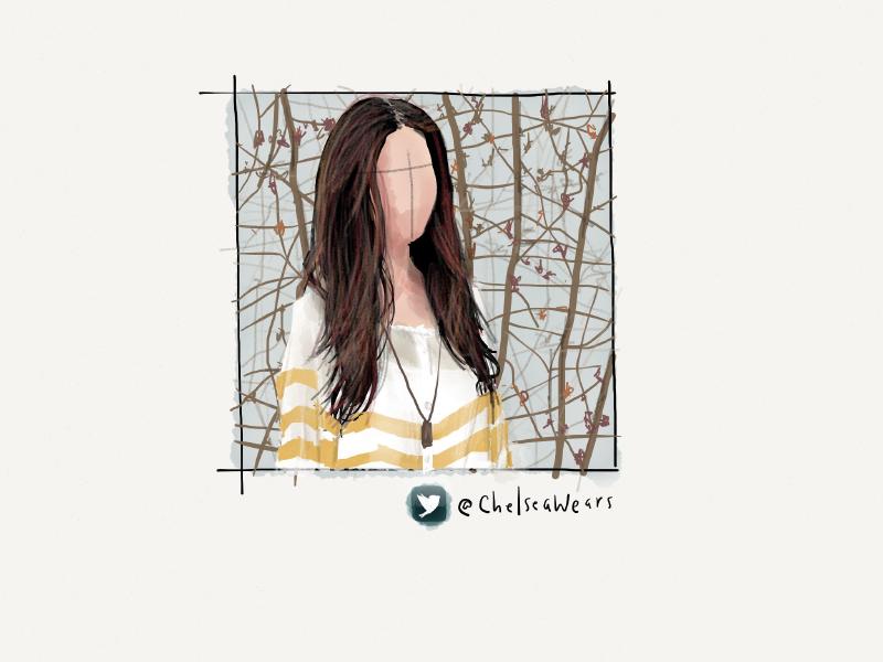 Digital watercolor and pencil portrait of a faceless brunette with red highlights, wearing a striped yellow and white long sleeve shirt, long pendant necklace, and standing in front of tree branches.