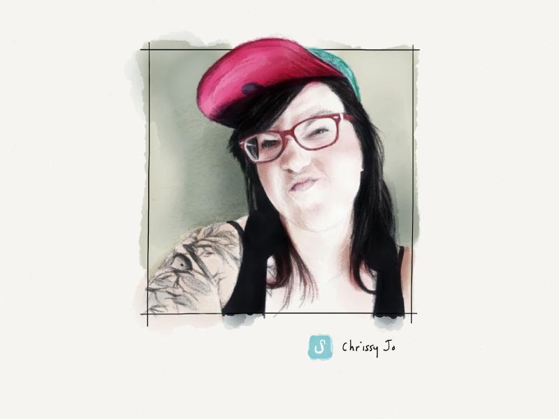 Digital watercolor and pencil portrait of a tattooed woman squinting at the viewer, wearing a red and green hat with the lid flipped up.