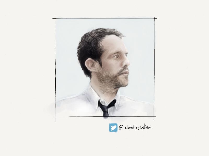 Digital watercolor and pencil side profile portrait of a man with short brown hair and facial stubble, looking to the right, wearing a white collared shirt and black tie.