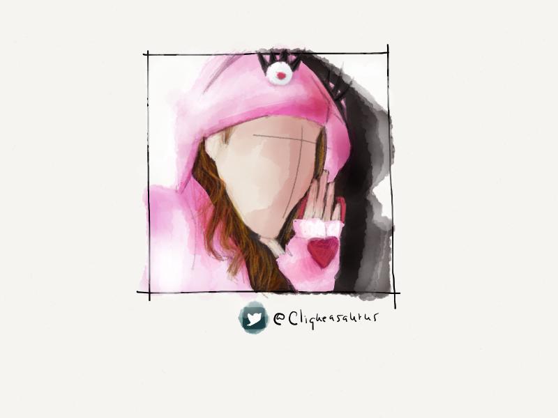 Digital watercolor and pencil portrait of a faceless woman in a pink hoodie with eyes, holding up her hand wearing a pink glove with a large red heart on it.