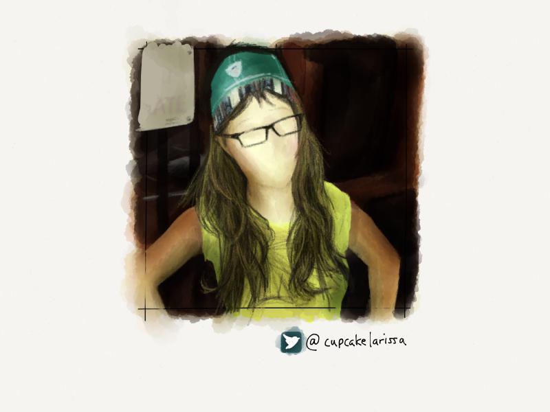 Digital watercolor and pencil portrait of a faceless woman with long blonde hair, wearing glasses, a yellow shirt, and some sort of green bucket hat standing with her hands on her hips.