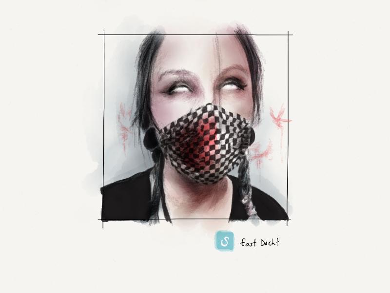 Digital watercolor and pencil portrait of a white haired woman with her eyes rolling back into her head. She has large gauged ears and is wearing a two tone checkered face mask covered in blood.