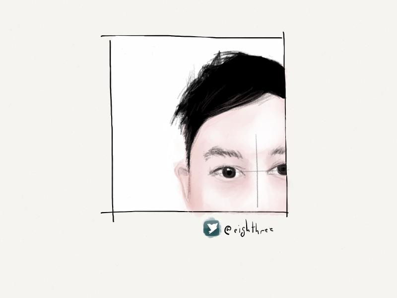 Digital watercolor and pencil portrait of a man with black hair. Cropped in the lower right corner to half of his face and hair.