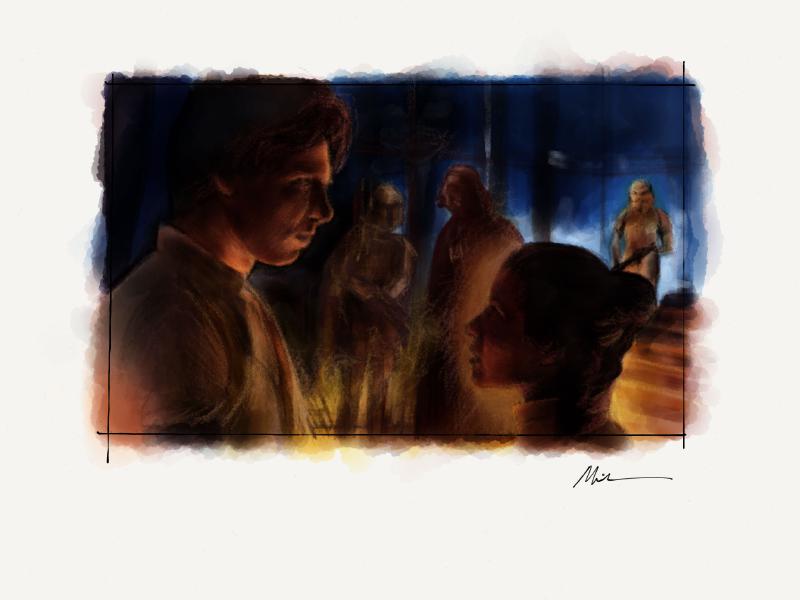 Digital watercolor and pencil portraits of Han Solo and Princess Leia saying goodbye in a scene from Star Wars Episode IV. Boba Fett and Darth Vader can be seen in the background talking.