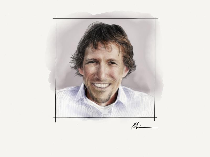Digital watercolor and pencil portrait of a smiling man with medium length hair wearing a pin stripped dress shirt.