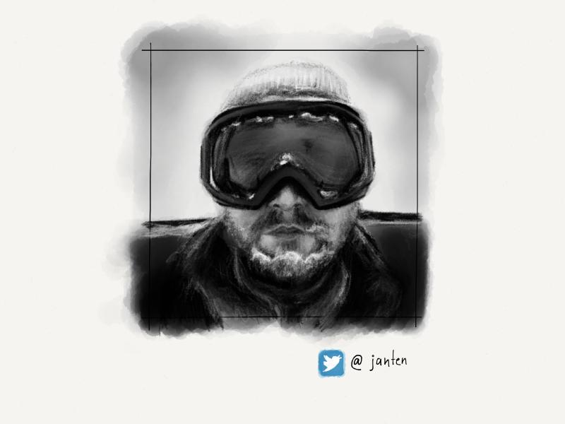 Black and white digital watercolor and pencil portrait of a man with ice forming in his beard, wearing ski goggles and a knit hat.