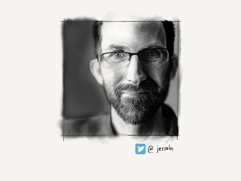 Black and white digital watercolor and pencil portrait of a man with a trimmed beard and glasses, looking directly at the viewer.