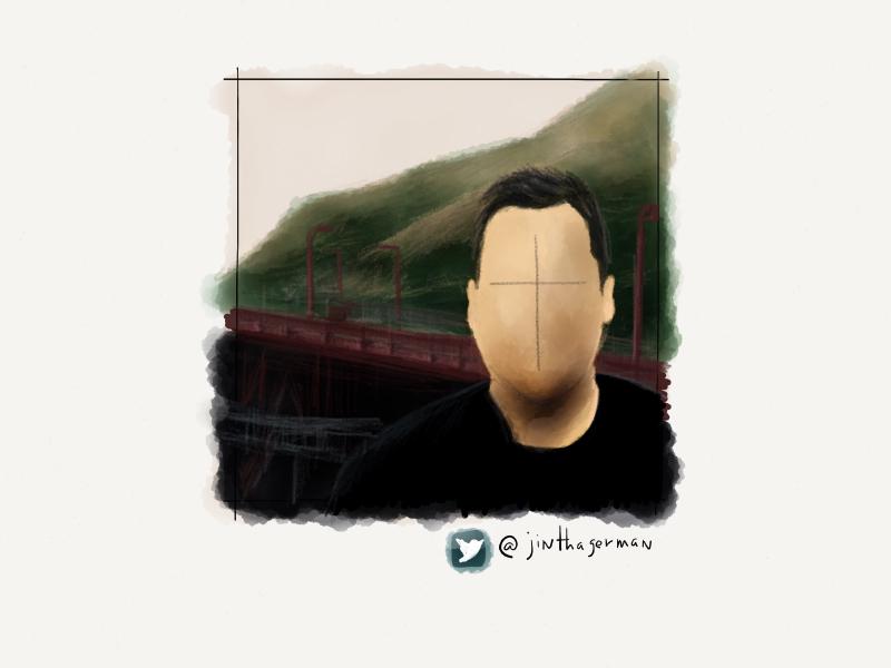 Digital watercolor and pencil portrait of a faceless man posing in front of an old steel bridge and hills.