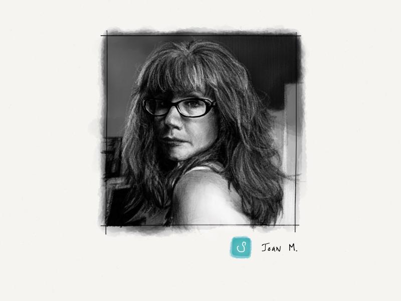 Black and white digital watercolor and pencil portrait of a woman with long thick hair and black eyeglasses, looking over her shoulder at the viewer.