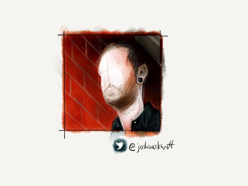 Digital watercolor and pencil portrait of a faceless man with stubble, stretched ears, and wearing a black collared shirt in front of a red brick wall.