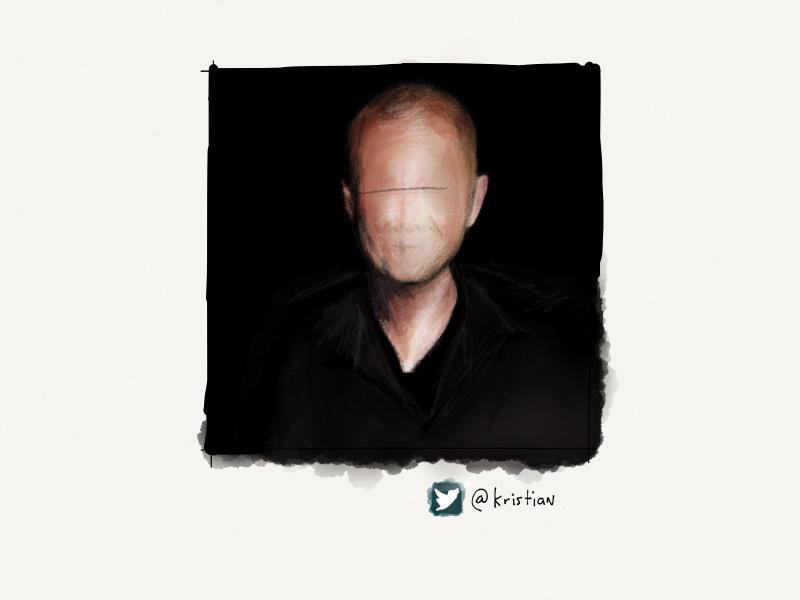 Digital watercolor and pencil portrait of a faceless bald man in the dark.