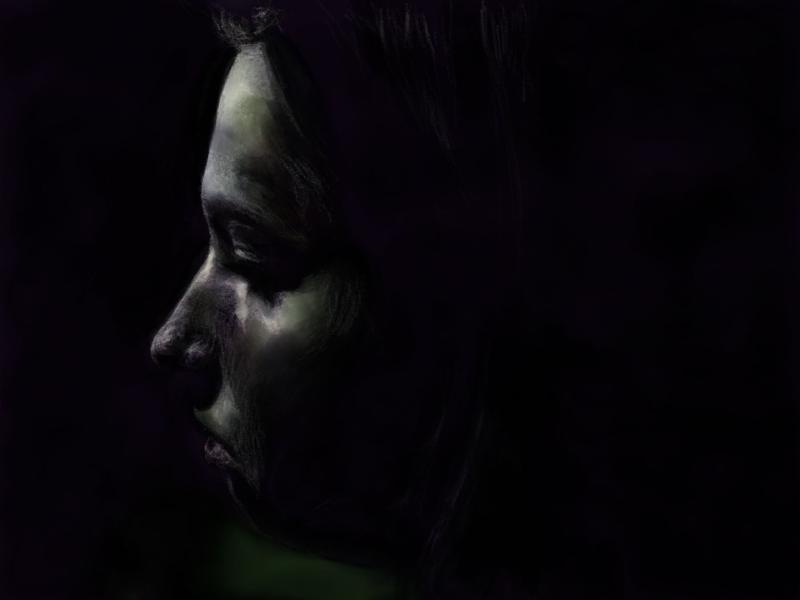 Digital watercolor and pencil portrait of a woman's face from the side sitting in darkness with bright highlights on the forehead and nose bridge.