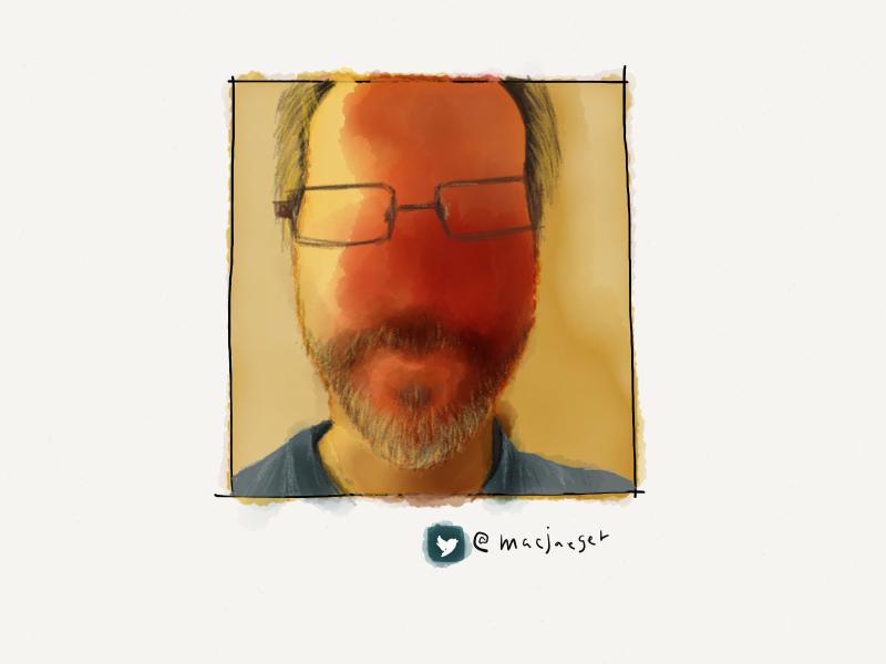 Digital watercolor and pencil protrait of a faceless bearded man with rectangular glasses painted in orange and yellows.