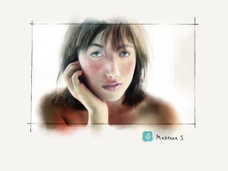Digital watercolor and pencil portrait of a topless woman with straight hair and glossy lips, resting her chin on her right hand.