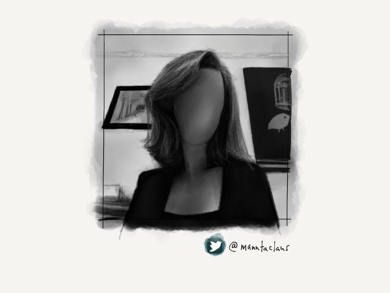 Black and white digital watercolor and pencil portrait of a faceless woman with medium length hair, sitting in front of framed artwork on a wall.