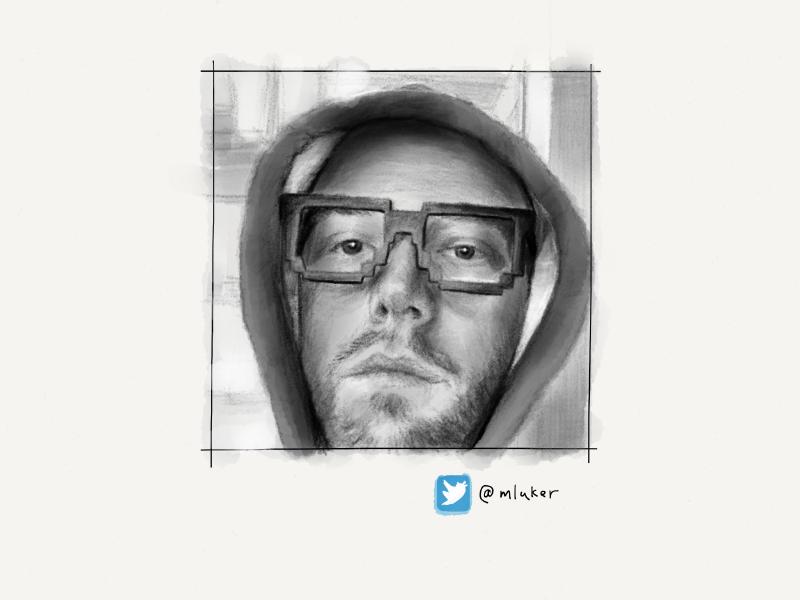 Black and white digital watercolor and pencil portrait of a man wearing a hoodie up over his head and pixelated eye glass frames.