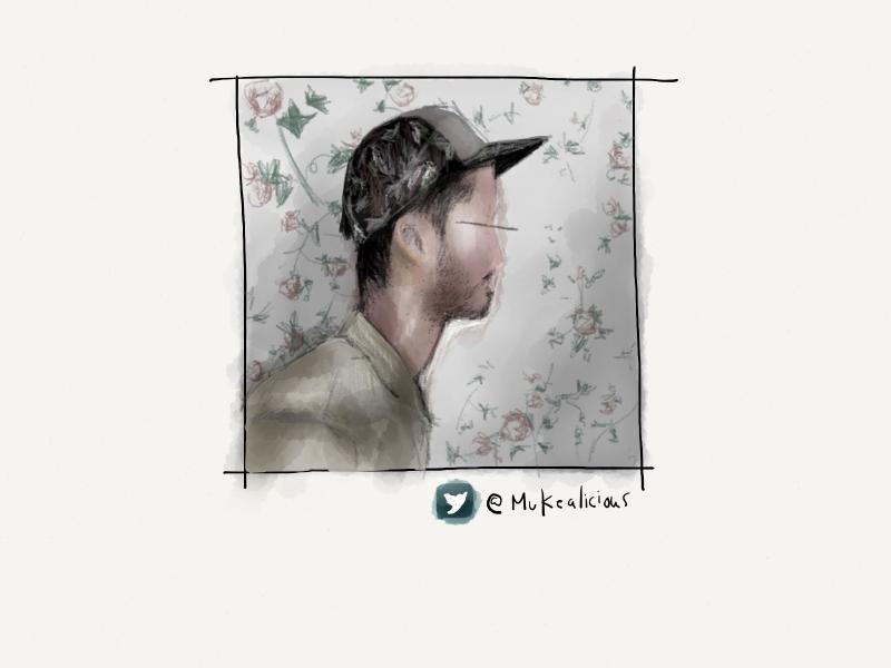 Digital watercolor and pencil side profile portrait of a faceless man wearing a camouflage colored trucker hat as he stands in front of a wall covered in floral wallpaper.