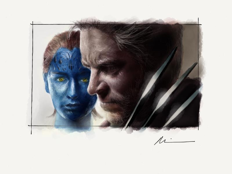 Digital watercolor and pencil portrait of Mystique behind an old Logan as Wolverine, claws out.