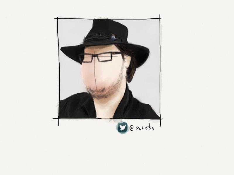 Digital watercolor and pencil portrait of a faceless man with glasses, wearing a wide brimmed black hat and shirt.