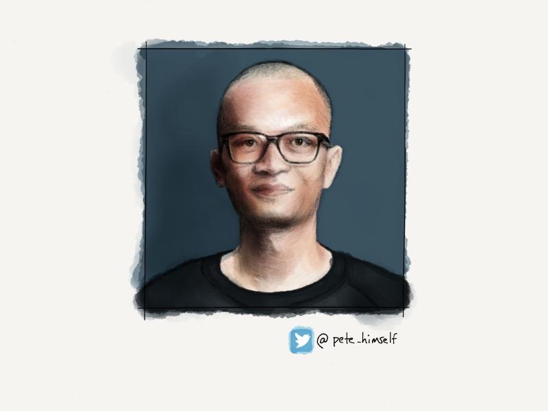 Digital watercolor and pencil portrait of a man with shaved head and glasses looking directly at the viewer. Background is a dull blue.