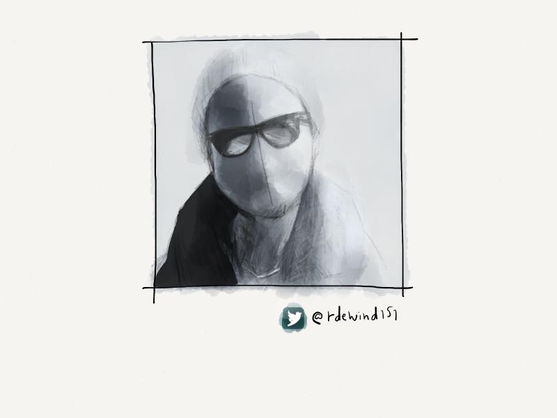Digital watercolor and pencil portrait of a faceless man wearing sunglasses and a knit hat as he hides in the fog.
