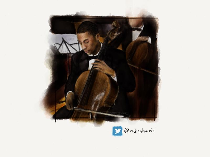 Digital watercolor and pencil portrait of a man in a suit and bowtie, playing a large string instrument in an orchestra pit.