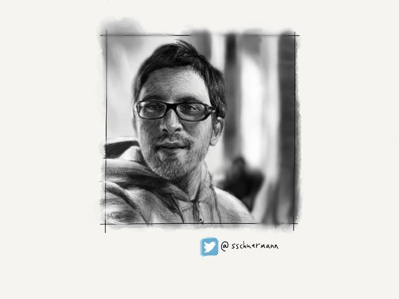 Black and white digital watercolor and pencil portrait of a man with a smirk, wearing glasses and a gray hoodie.
