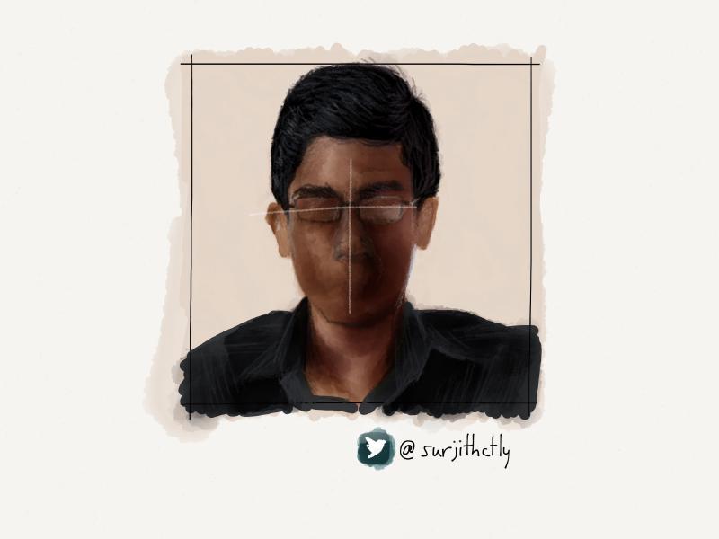 Digital watercolor and pencil portrait of a faceless man with black hair wearing a black dress shirt.