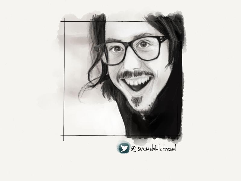 Black and white digital watercolor and pencil portrait of a man with long hair, round glasses, mustache, and soul patch, mouth a gap and smiling.