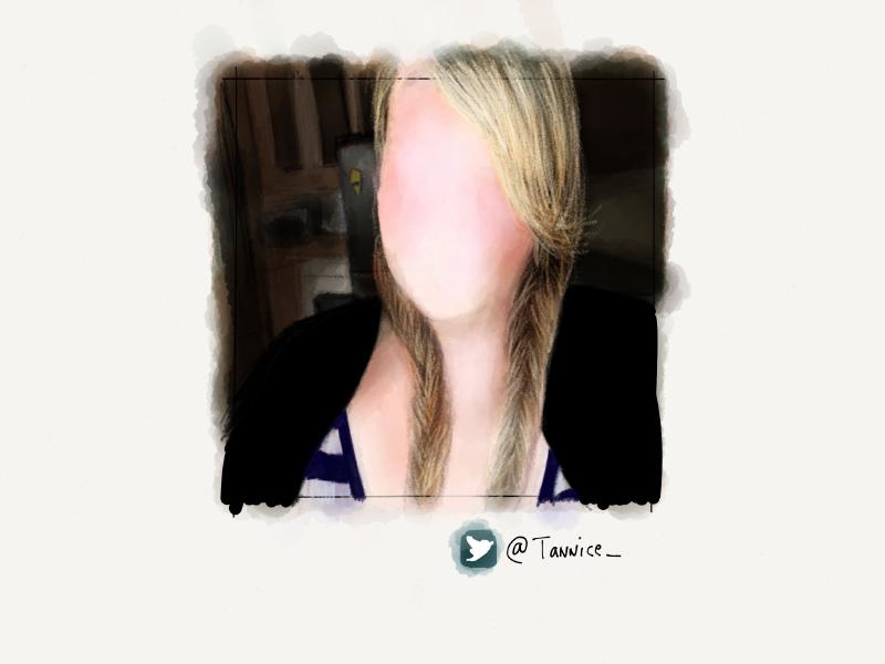 Digital watercolor and pencil portrait of a faceless blonde woman wearing her hair in braids.