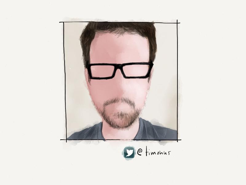 Digital watercolor and pencil portrait of a faceless man wearing glasses and a short beard. Half of his face is painted in light pink tones.