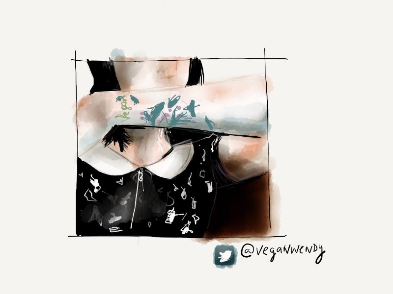 Digital watercolor and ink portrait of a woman covering her mouth with her wrist that has the word Vegan and birds tattoo to it. Wearing a black dress with birds and a white collar.