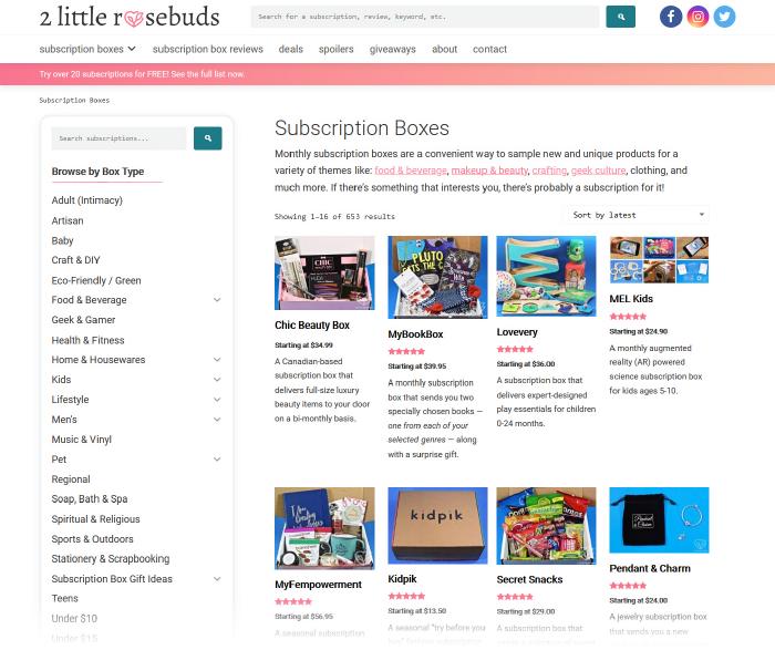 Screenshot of subscription box directory.