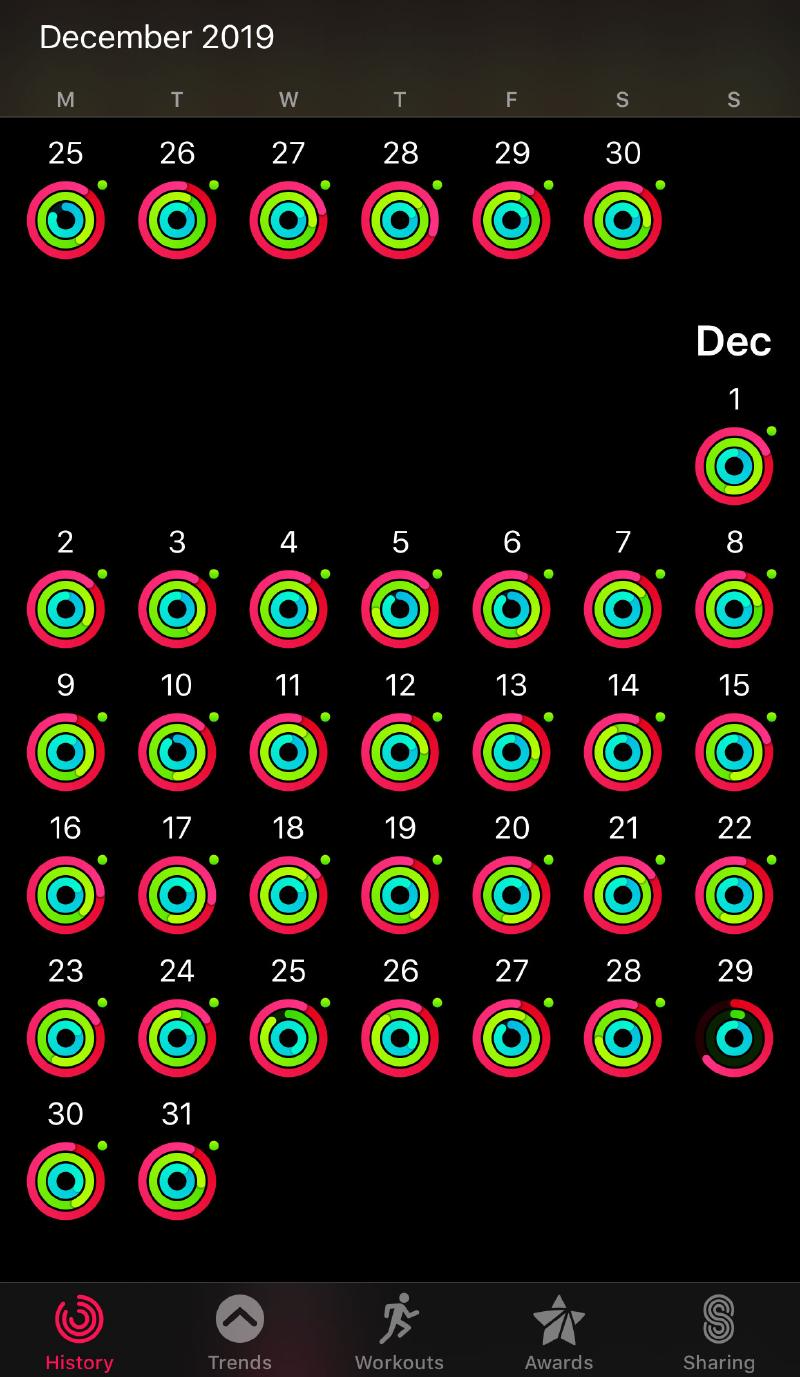 Closed rings for December 2019 in the Activity iOS app.