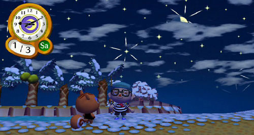 Villager in a stripped shirt and beret looking at constellations in Animal Crossing City Folk.