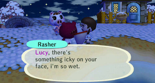 Rasher telling Lucy they are so wet in Animal Crossing City Folk.