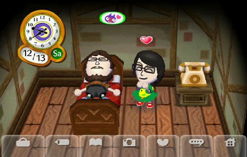 Sleeping bearded Mii as a girl Mii emotes a heart in Animal Crossing City Folk