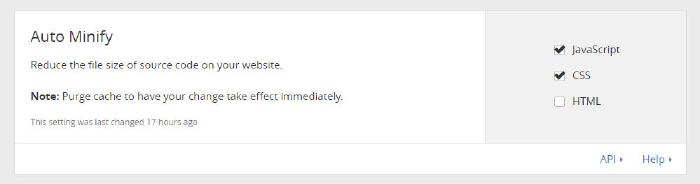 Screenshot of Cloudflares Auto Minify settings.
