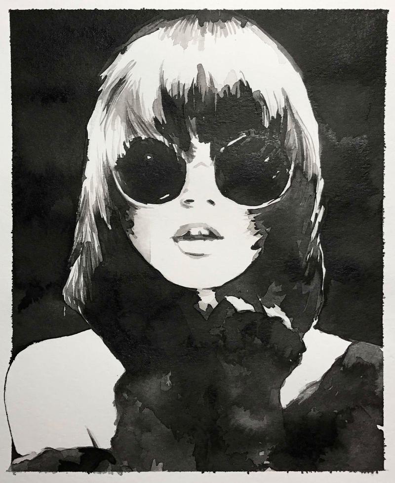 Girl in sunglasses ink wash portrait