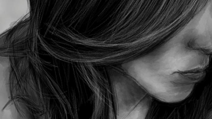 Black and white drawing of a womans hair and mouth.