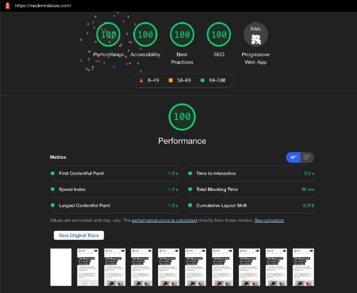 Perfect 100 Lighthouse scores for mademistakes.com