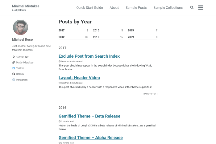 Minimal Mistakes posts by year archive layout.