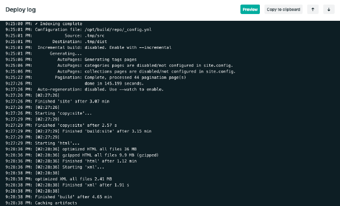 Screenshot of Netlify’s deploy log for Made Mistakes.
