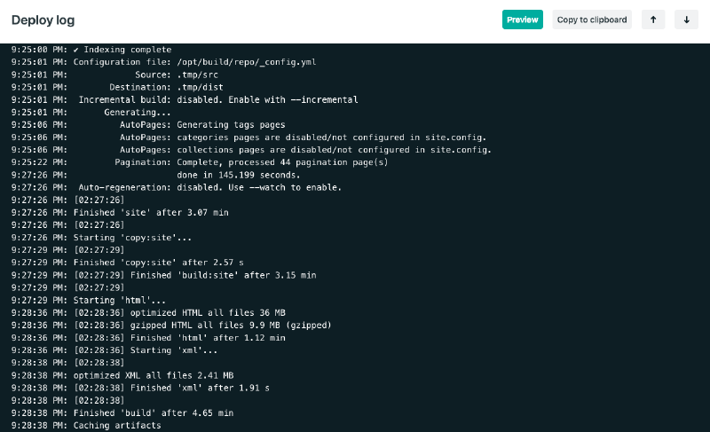 Screenshot of Netlify’s deploy log for Made Mistakes.