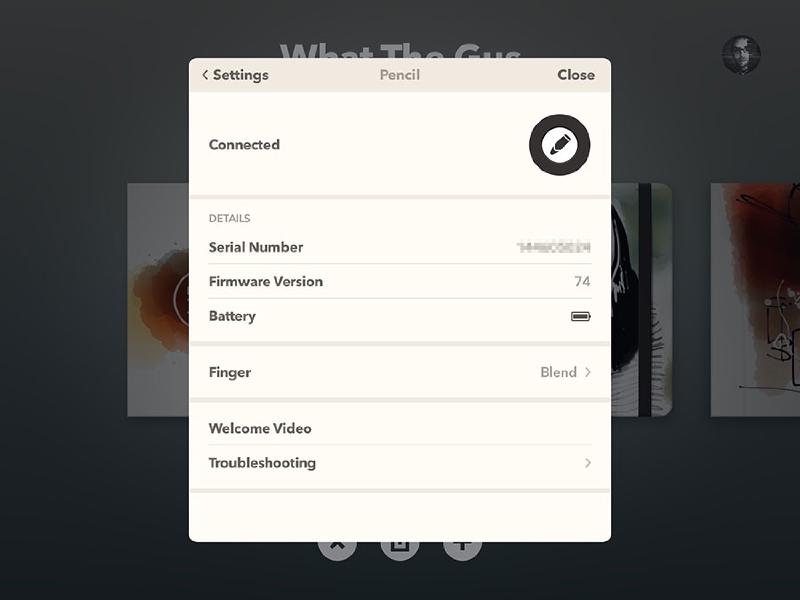 Screenshot of Pencil’s settings in Paper for iPadOS showing it’s connection status, serial number, firmware version, battery level, and finger mode.
