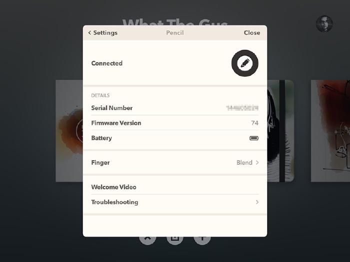 Screenshot of Pencils settings in Paper for iPadOS showing its connection status, serial number, firmware version, battery level, and finger mode.